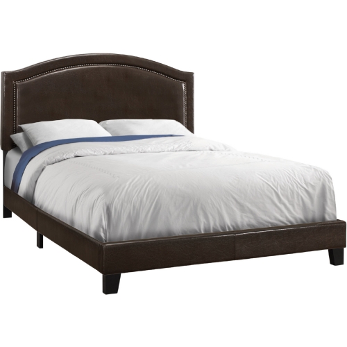 Queen Bed in Brown Leatherette with Brass Trim